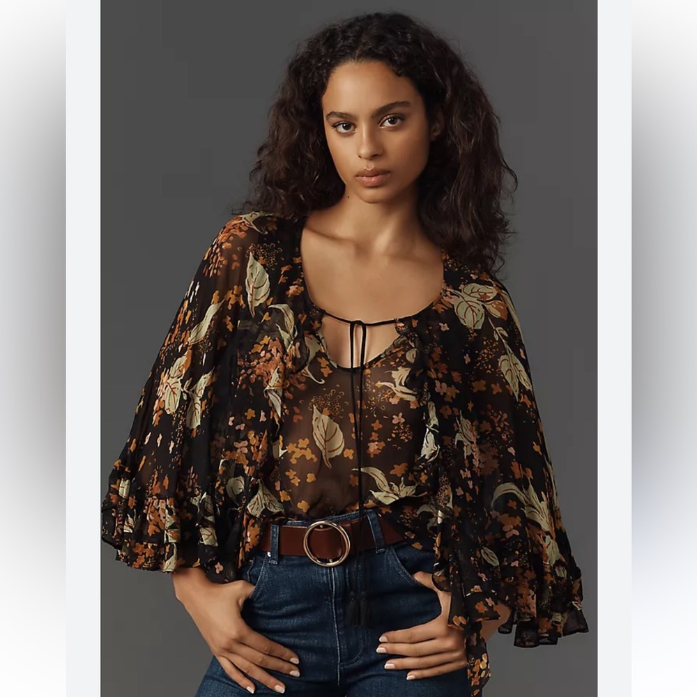 NWT- Anthropologie -PLENTY, sheer printed Kappa, black motif, Floral Blouse. M